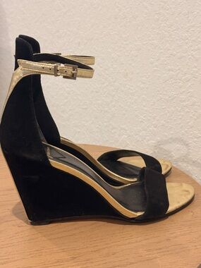 Brian Atwood Black and Gold Suede Wedge Sandals